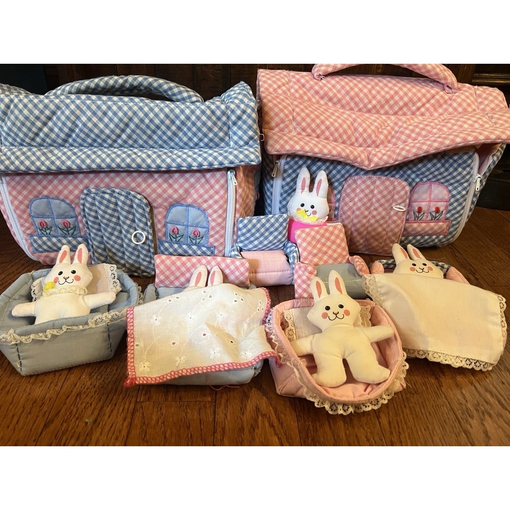 Vtg Showtime Collins Co. LTd Soft Sculpture Bunny House Playset Bag Lot of 2 CA